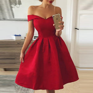 Elegant Red Dress Women Patchwork Slash Neck Short Sleeve Tunic Dress Summer Lady Sexy Prom Gown Evening Party Dresses D30