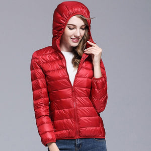 Spring Autumn Womens Jackets Ultra Thin Super Light Fashion Ladies Down Coats Red Pink Black Female Hooded Jacket Coats 4XL