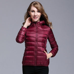 Spring Autumn Womens Jackets Ultra Thin Super Light Fashion Ladies Down Coats Red Pink Black Female Hooded Jacket Coats 4XL