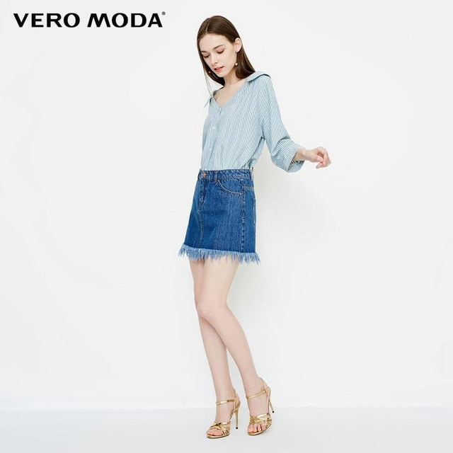 Vero Moda Women's Lace-Up Collar Stripe 3/4 Sleeves Shirt | 318331525