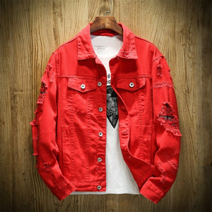 Autumn New Men's Jean Jacket Slim Fit Cotton Denim Jacket Red White Black Ripped Hole Jean Coats Men Outwear Youth Men 5XL