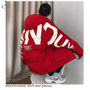 Privathinker Thick Warm Men Winter Jacket Clothes Casual Loose Harajuku Mens Parkas Coats Hooded Print Red Male Windbreaker