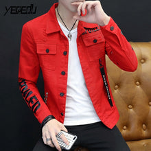 Charger l&#39;image dans la galerie, Spring Slim Denim Jackets Mens Biker Hip Hop Ribbons Destroy Ripped Jeans Jacket For Men Streetwear White/Red/Black
