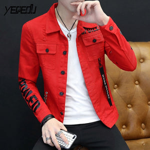 Spring Slim Denim Jackets Mens Biker Hip Hop Ribbons Destroy Ripped Jeans Jacket For Men Streetwear White/Red/Black