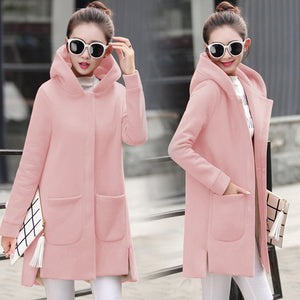 Autumn Winter Women's Fleece Jacket Coats Female Long Hooded Coats Outerwear Warm Thick Female Red Slim Fit Hoodies Jackets