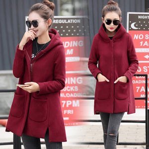 Autumn Winter Women's Fleece Jacket Coats Female Long Hooded Coats Outerwear Warm Thick Female Red Slim Fit Hoodies Jackets