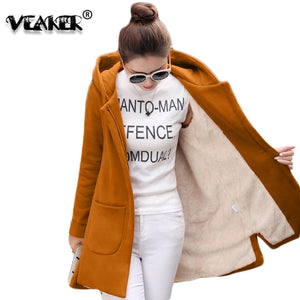 Autumn Winter Women's Fleece Jacket Coats Female Long Hooded Coats Outerwear Warm Thick Female Red Slim Fit Hoodies Jackets