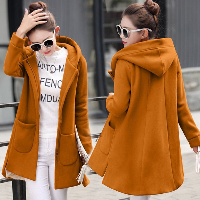 Autumn Winter Women's Fleece Jacket Coats Female Long Hooded Coats Outerwear Warm Thick Female Red Slim Fit Hoodies Jackets